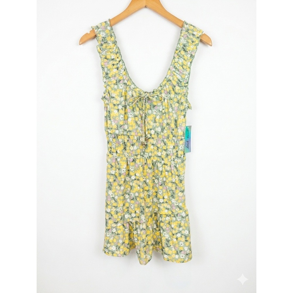 Derek Heart Floral Cottagecore Soft Girl Dress Sage Yellow Smocked Waist M NWT